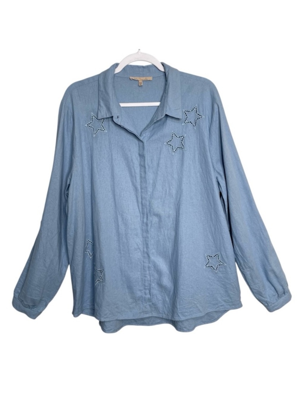 My Danielle Linen Stars Eyelet Button Up Shirt Blue Relaxed Long Sleeve Size XXL